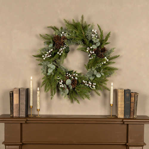 24" WHITEWASHED HEMLOCK WREATH W/ WHITE BERRIES