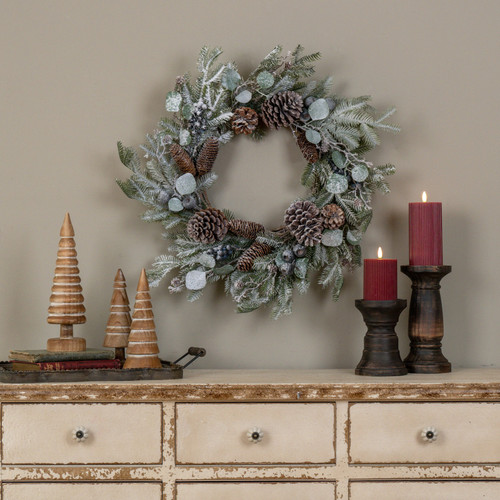 24" SNOWY EUCALYPTUS & PINE WREATH W/ BLUE BERRIES