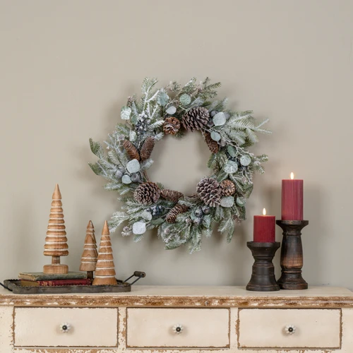 24" SNOWY EUCALYPTUS & PINE WREATH W/ BLUE BERRIES
