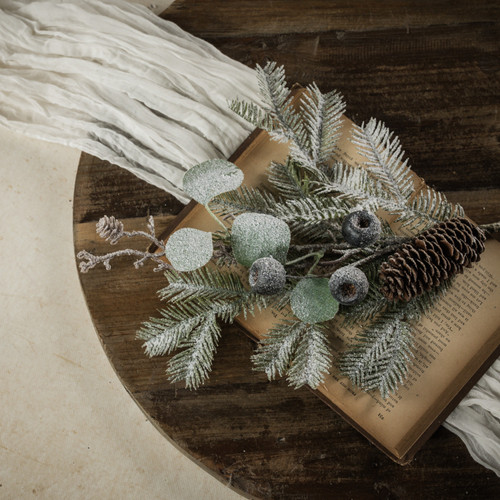 17" SNOWY EUCALYPTUS & PINE PICK W/ BLUE BERRIES