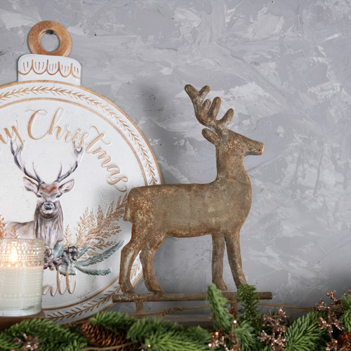 16" DISTRESSED METAL DEER ON FAUX WOOD BASE