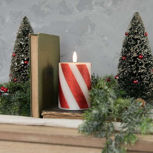 4" RED 3D FLAME CANDY CANE PILLAR CANDLE