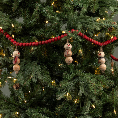 WOOD SNOWMAN W/ TAN SCARF & RED WOOD BEADS GARLAND
