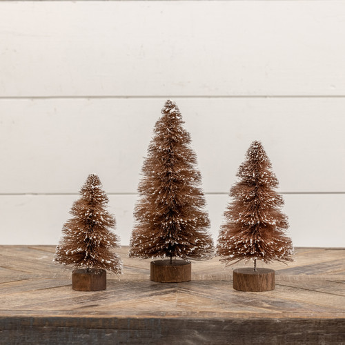 SET/ 3 BROWN BOTTLEBRUSH TREES W/ WHITE TIPS