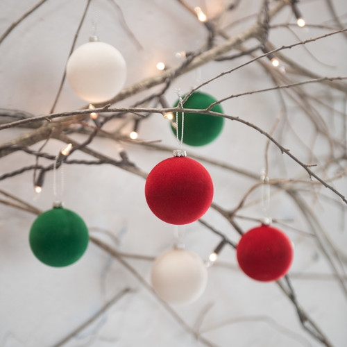 SET/ 6 - 2.5" GREEN, RED & IVORY FLOCKED BALLS