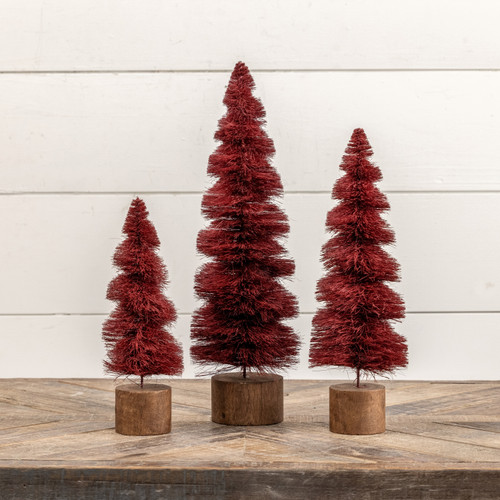 SET/ 3 BURGUNDY SPIRAL BOTTLEBRUSH TREES W/ STUMP BASE