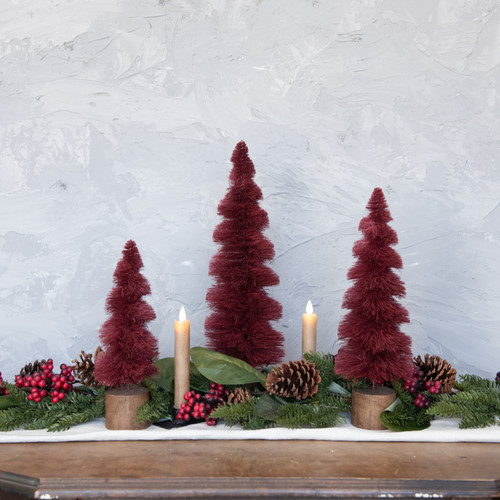 SET/ 3 BURGUNDY SPIRAL BOTTLEBRUSH TREES W/ STUMP BASE
