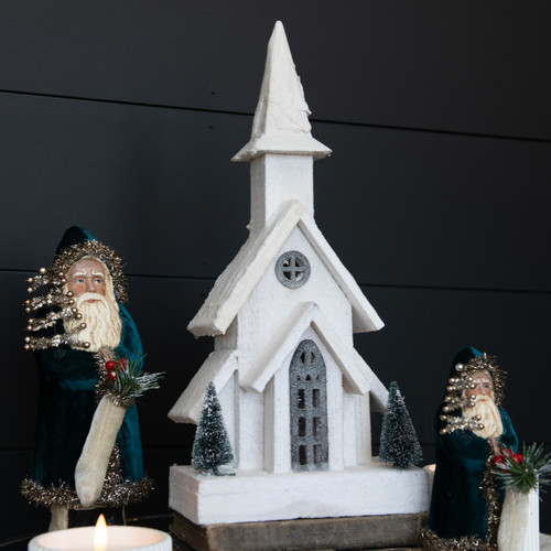 15.75 SNOWY LIGHTED WOOD CHURCH