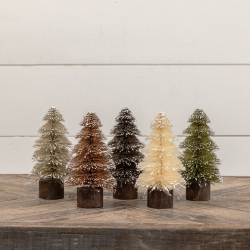 SET/ 5 - 7.25" SNOWY NEUTRAL BOTTLEBRUSH TREES