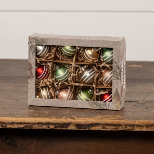 SET/ 12 - 1.5" STRIPED GLASS BALL ORNAMENTS