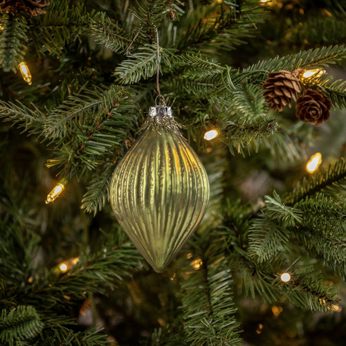 GREEN GLASS ORNAMENT W/ TINSEL TOP