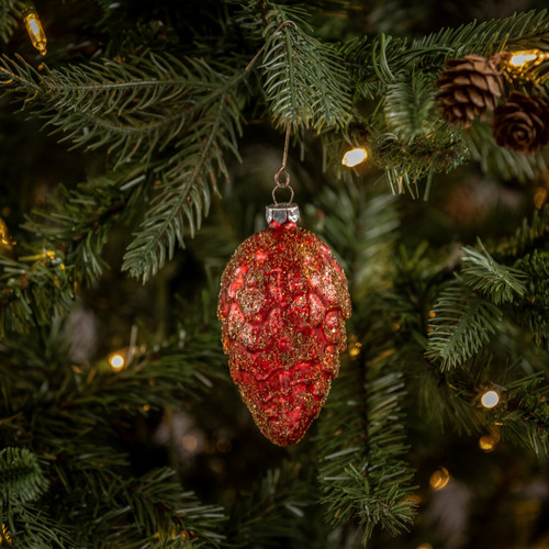 3.5" RED GLITTER DUSTED PINECONE ORNAMENT
