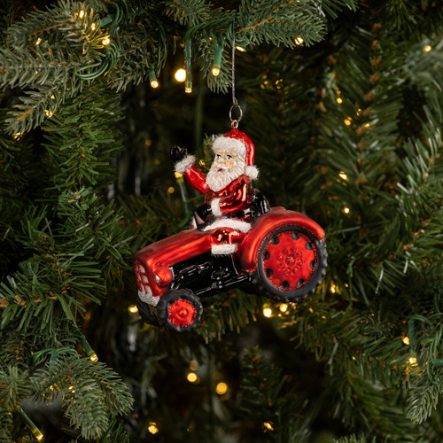 SANTA ON RED TRACTOR ORNAMENT