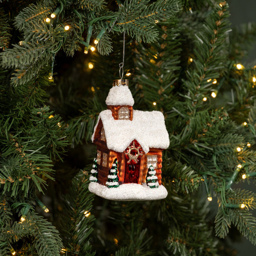 SNOWY BROWN CABIN ORNAMENT