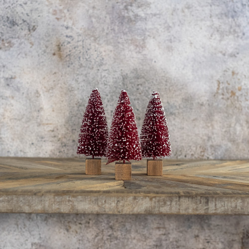 SET/ 3 - 7" BURGUNDY BOTTLEBRUSH TREES W/ SNOWY TIPS