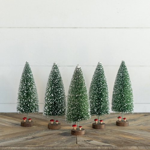 SET/ 5 - 10" DEEP GREEN BOTTLEBRUSH TREES W/ MUSHROOMS