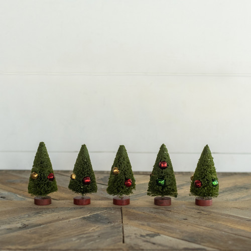 SET/ 5 - 4" GREEN BOTTLEBRUSH TREES W/ JINGLE BELLS