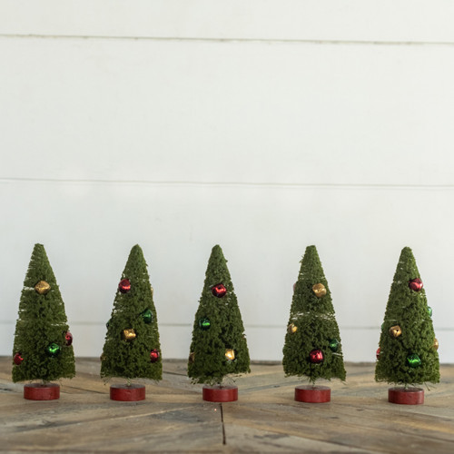 SET/ 5 - 6" GREEN BOTTLEBRUSH TREES W/ JINGLE BELLS