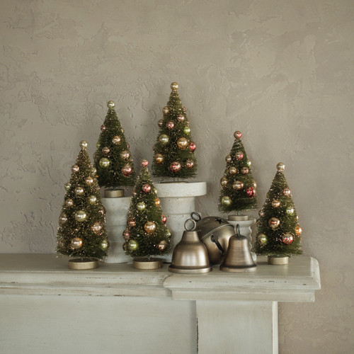 SET/ 6 - GREEN BOTTLEBRUSH TREES W/ GLITTERED  BULBS
