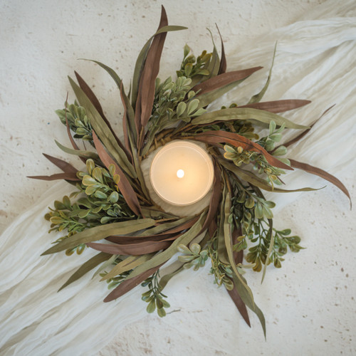 14" BROWN & GREEN MIXED LEAF CANDLE RING