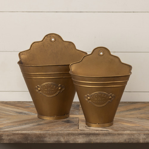 SET/ 2 AGED GOLD METAL WALL BUCKETS