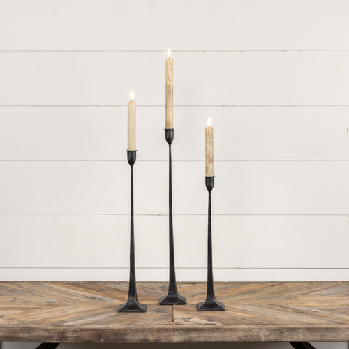 SET/ 3 FORGED BLACK TAPER CANDLESTICKS