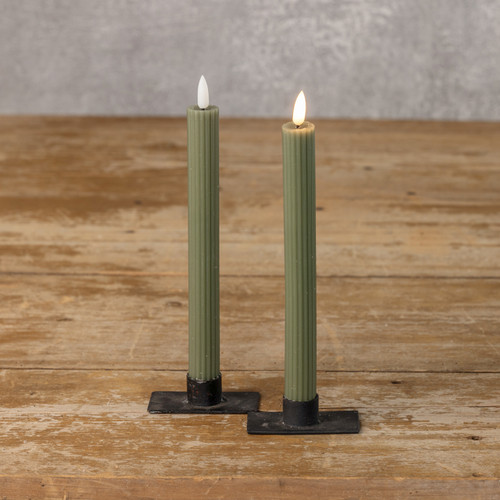 SET/ 2 - 9.5" 3D FLAME GROOVED DARK GREEN TAPER CANDLE