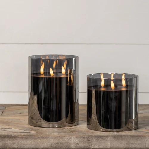 6" BLACK GLASS 3 WICK 3D FLAME CANDLE