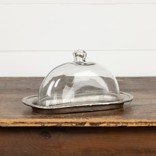 13.75" OVAL PEWTER PLATTER W/ GLASS CLOCHE