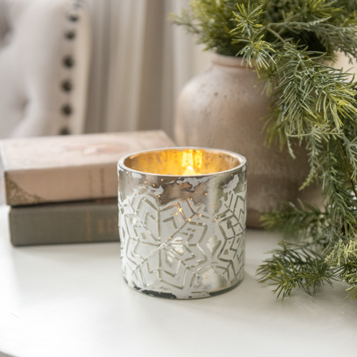 4" GLASS SNOWFLAKE CANDLE HOLDER