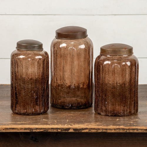 11" AMBER GLASS JAR W/ ANTIQUE LID