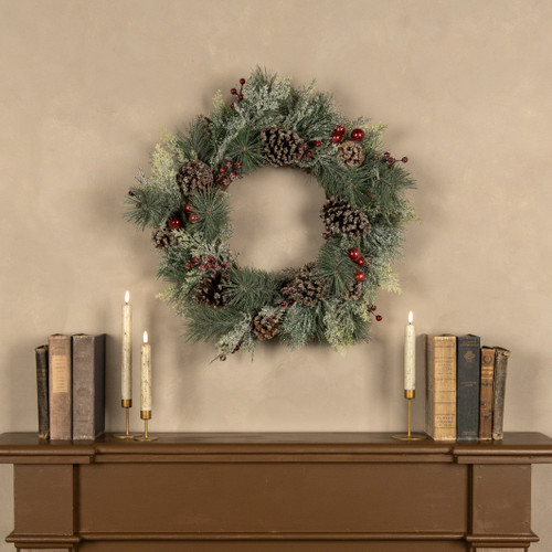 24" FROSTED PINE & CEDAR W/ BERRIES, ORNAMENTS & PINECONE WREATH