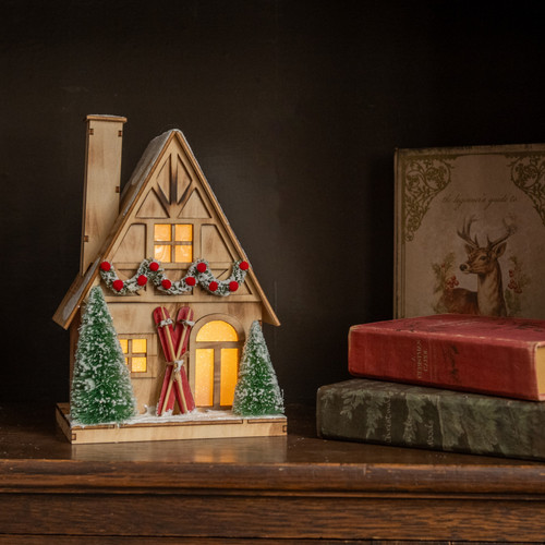 LIGHTED WOOD SKI HOUSE