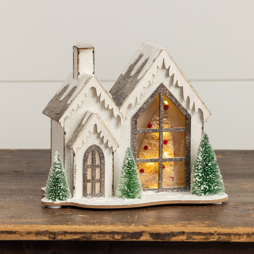 8.75" LIGHTED WOOD SNOWY HOLIDAY HOUSE