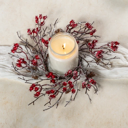 14" ICED TWIG & RED BERRY CANDLE RING