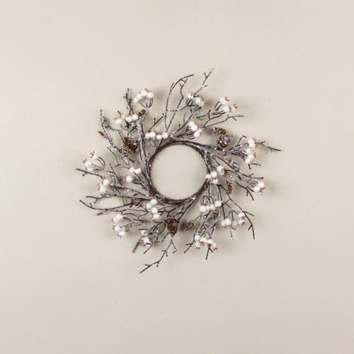 14" ICED TWIG & WHITE BERRY CANDLE RING