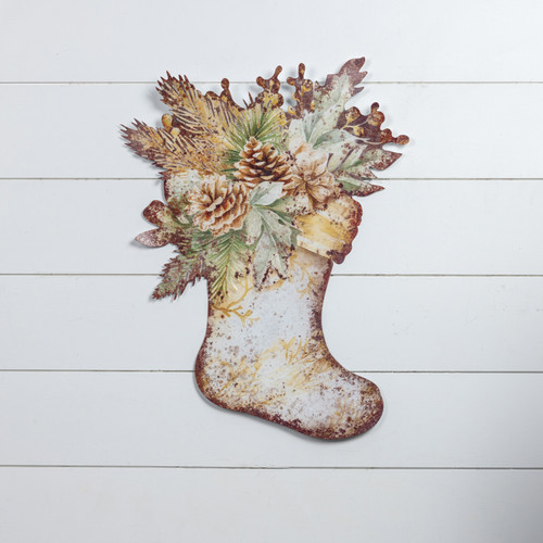 CREAM STOCKING W/ FOREST GREENERY METAL WALL PLAQUE