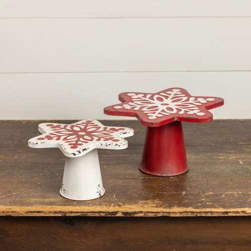 SET/2 RED & WHITE SNOWFLAKE CAKE STANDS