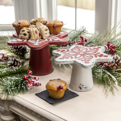 SET/2 RED & WHITE SNOWFLAKE CAKE STANDS
