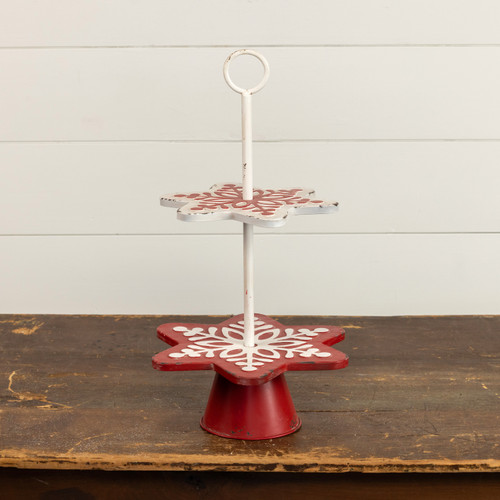 RED & WHITE TWO TIER SNOWFLAKE STAND