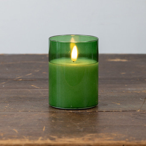 4" PINE GREEN GLASS 3D FLAME CANDLE