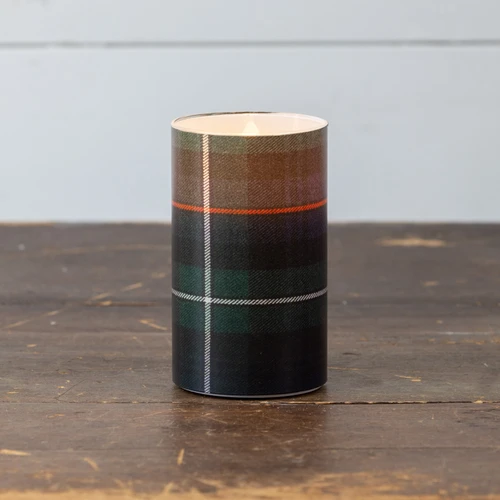 5" GREEN, BLACK & WHITE TARTAN 3D FLAME GLASS CANDLE