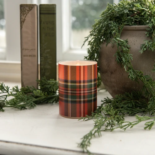 4" RED TARTAN 3D FLAME GLASS CANDLE