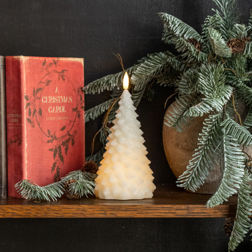 7.5" CREAM SHIMMER 3D FLAME FIR TREE CANDLE