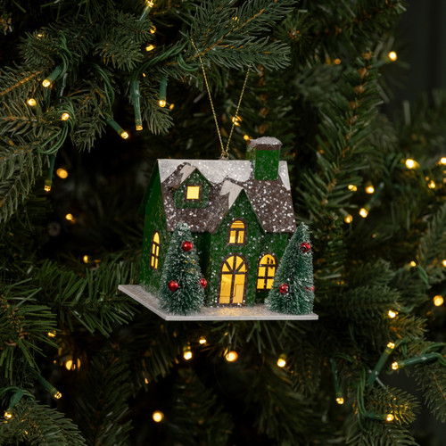 GREEN LIGHTED HOUSE ORNAMENT