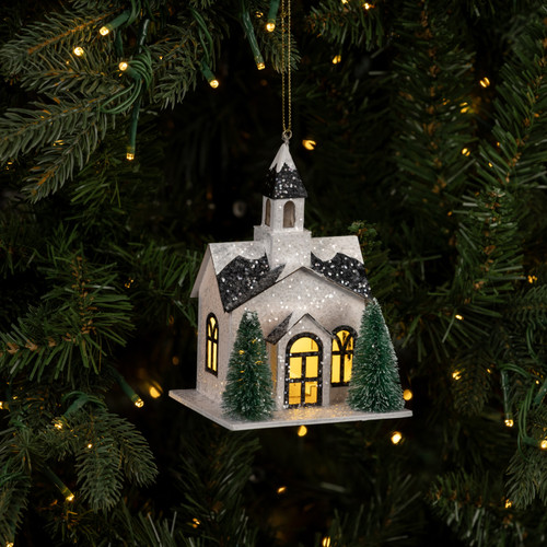 BLACK & WHITE LIGHTED CHURCH ORNAMENT