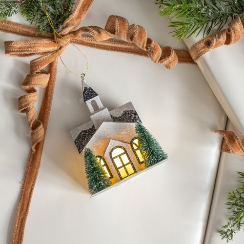 BLACK & WHITE LIGHTED CHURCH ORNAMENT