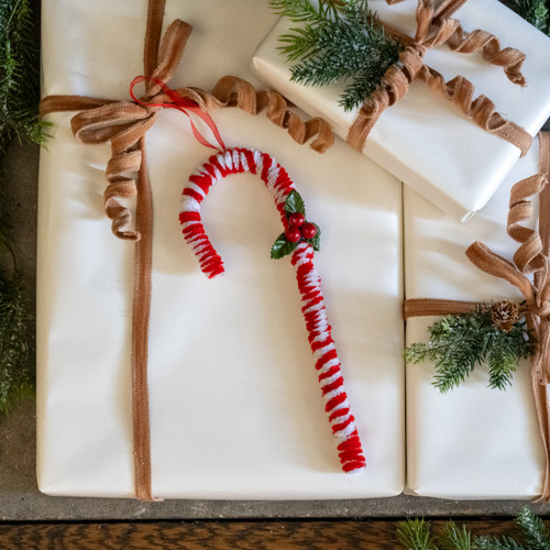 CANDY CANE ORNAMENT W/ HOLLY
