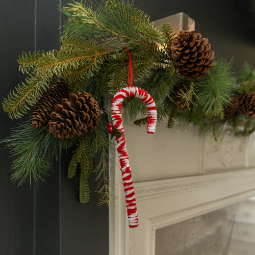 CANDY CANE ORNAMENT W/ HOLLY