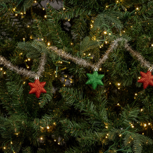 9' GLITTERED GREEN & RED STAR GARLAND W/ SILVER TINSEL